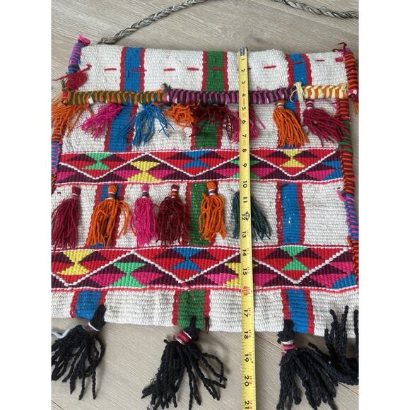 Vtg Wool Carpet Rug Tapestry Tassel Textile Salt Bag Wall Hanging Boho Fringe - Picture 3 of 9